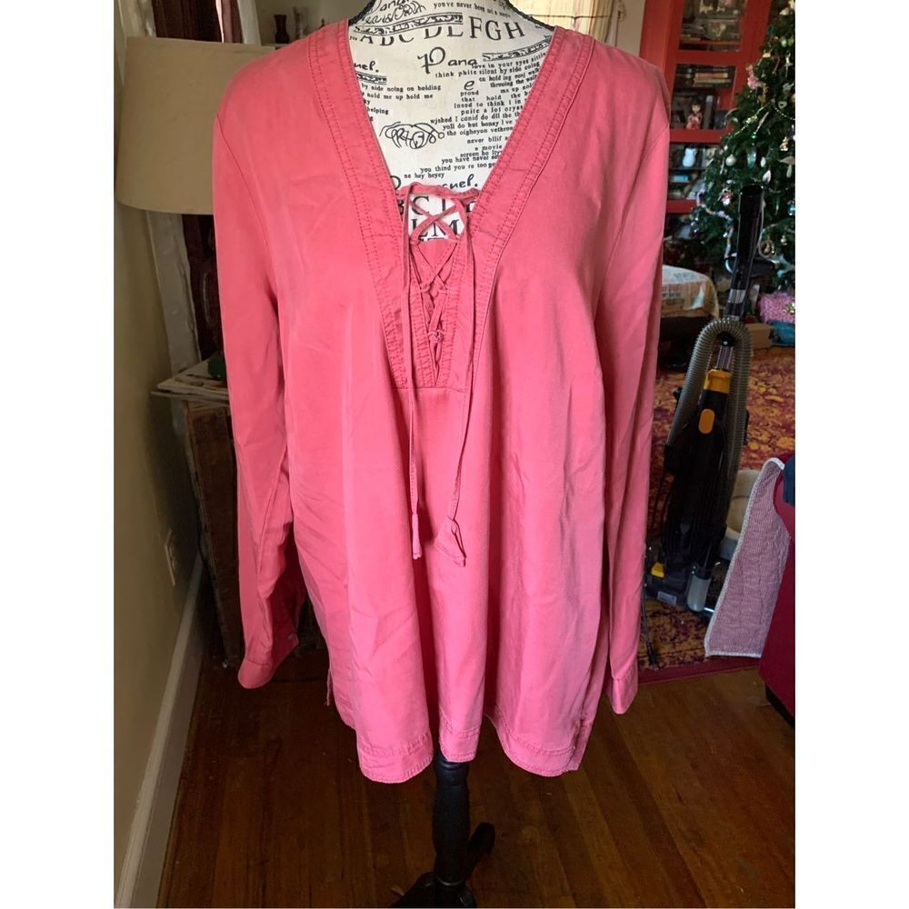 J.Jill Women's Salmon Pink Silky Lyocell Tunic Top V Neck Tassel Tie Blouse Sz L